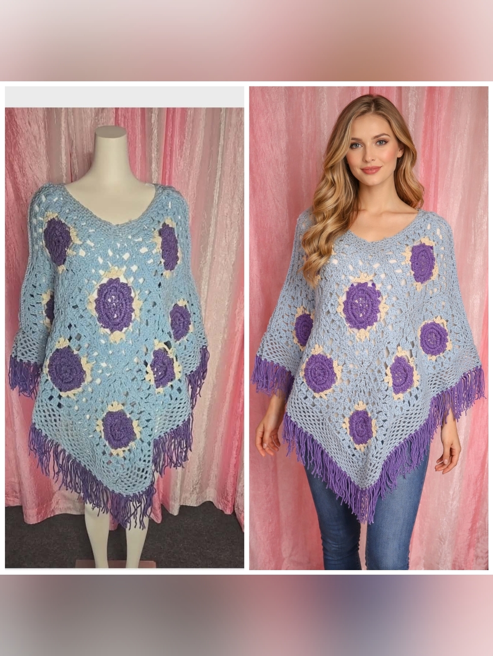 Vintage Granny Handmade Square Purple Flower Crochet Fringe Poncho One Size